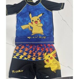 Pokemon 2 Piece Swimsuit Boys Sz "M" Swim Trunks Shorts Rash Guard Shirt Sz XS